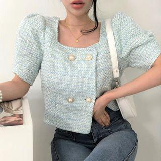 Puff-sleeve Square-neck Faux Pearl Button Cropped Blouse