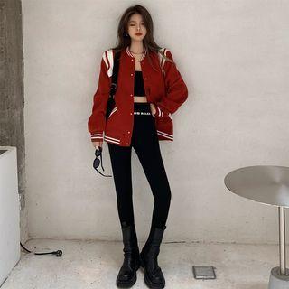 Long-sleeve Woolen Baseball Jacket / Lettering Leggings