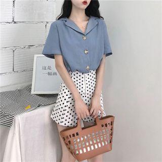 V-neck Short-sleeve Blouse / High Waist Dotted Shorts