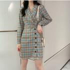 Long-sleeve Check Buttoned A-line Dress