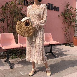 Smocked Frill-hem Long Floral Dress