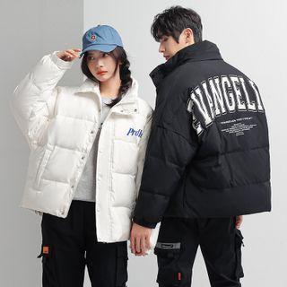 Stand Collar Letter Print Padded Coat