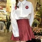Flower Brooch Shirt / Patterned Mini A-line Skirt