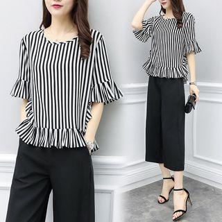 Set: Elbow-sleeve Striped Blouse + Dress Pants