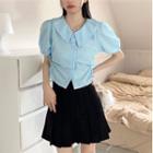Short-sleeve Drawstring Cropped Blouse / Mini Pleated Skirt