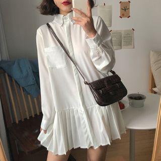Long-sleeve Plain Pleated Dress / Plain Knit Shawl