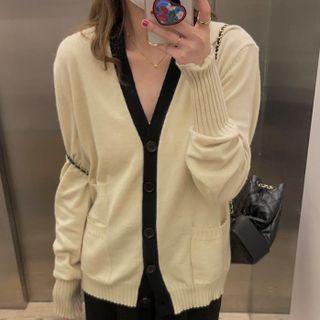 Long-sleeve V-neck Contrast-trim Cardigan