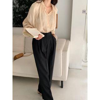 Lantern Sleeve Blouse / High-waist Straight-fit Dress Pants