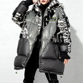 Lettering Panel Padded Hooded Zip-up Coat