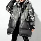 Lettering Panel Padded Hooded Zip-up Coat
