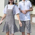 Couple Matching Short-sleeve Plain T-shirt / Plaid Mini Overall Dress / Shorts / Set