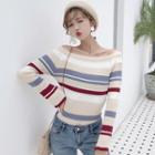 Boatneck Striped Bell-sleeve Knit Top