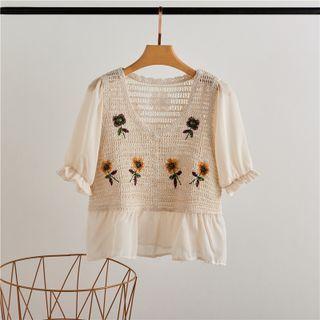 Puff-sleeve Perforated Chiffon Panel Blouse