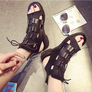 Faux Leather Lace Up Peep-toe Flat Sandals
