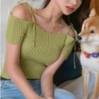 Short Sleeve Cut-out Shoulder Knit Top Green - One Size