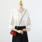 V-neck Plain Lace Button-up Top / High-waist Plain A-line Skirt