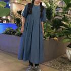 Short Sleeve Pleated Midi Dress Blue - One Size