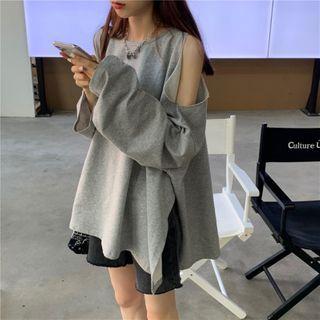 Crewneck Off Shoulder Plain Split Long-sleeve Top