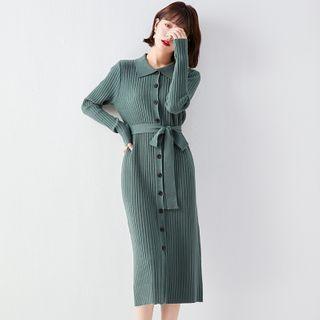 Long-sleeve Button-up Knit Midi Sheath Dress