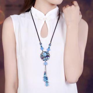 Retro Faux Crystal Pendant Cord Necklace Blue - 0.8cm