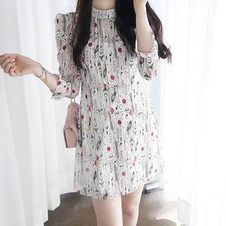 Mandarin-collar Tie-waist Patterned Chiffon Shirtdress