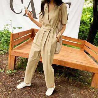 Linen Blend Wrap Jumpsuit Beige - One Size