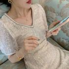 Sequined Puff-sleeve Ruffle Hem Midi A-line Lace Dress
