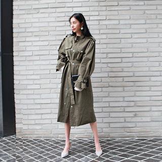 Dual-pocket Long Parka With Sash