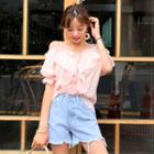 Cold-shoulder Puff-sleeve Frilled Blouse