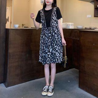 Short-sleeve Round-neck Color Block Panel Dress