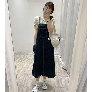 Denim A-line Midi Pinafore Dress Dark Blue - One Size