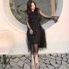 Beaded Long-sleeve Mesh Top / Beaded Midi Mesh Skirt