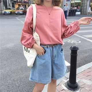 Plain Puff-sleeve Loose-fit Top
