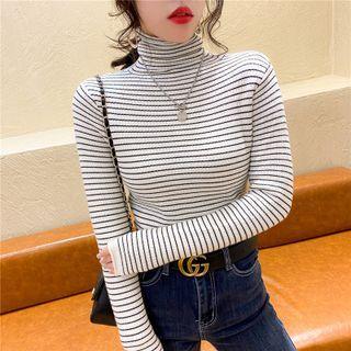 Long Sleeve Turtle Neck Fleeced Lined Striped Top