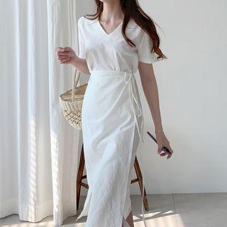 Tie Waist Short-sleeve Midi Sheath Dress White - One Size