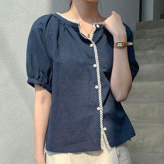 Puff Short-sleeve Blouse Dark Blue - One Size