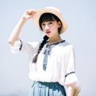 Elbow-sleeve Contrast-trim Bow-tied Top