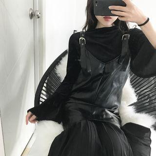 Pleated Hem Faux Leather Pinafore Dress