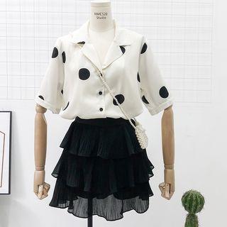 Set: Lapel Dotted Chiffon Shirt + Layered Mini Skirt