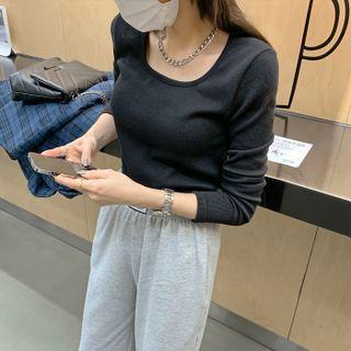 Plaid Square-neck Knit T-shirt