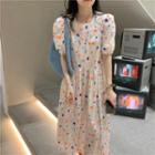 Puff-sleeve Geometric Print Midi A-line Dress White - One Size