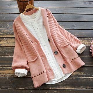 Cross Embroidered Ribbed Cardigan