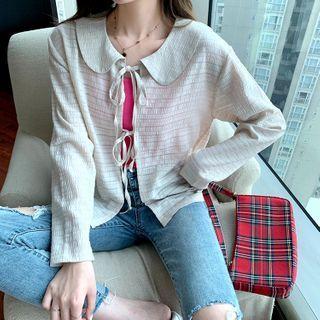 Collared Long-sleeve Cardigan Almond - One Size