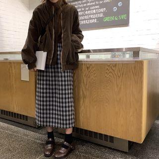 Plaid Slit Straight-fit Midi Skirt Plaid - One Size