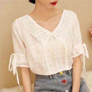 Short-sleeve V-neck Lace Panel Blouse