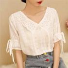 Short-sleeve V-neck Lace Panel Blouse