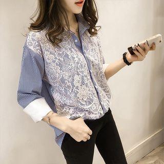 3/4-sleeve Lace Panel Stripe Shirt