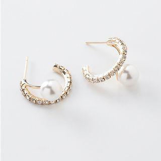 Faux Pearl Rhinestone Open Hoop Earring 1 Pair - As Shown In Figure - One Size