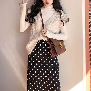 Set: Mock-turtleneck Long-sleeve Top + Knit Vest + Dotted Midi A-line Skirt