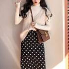 Set: Mock-turtleneck Long-sleeve Top + Knit Vest + Dotted Midi A-line Skirt